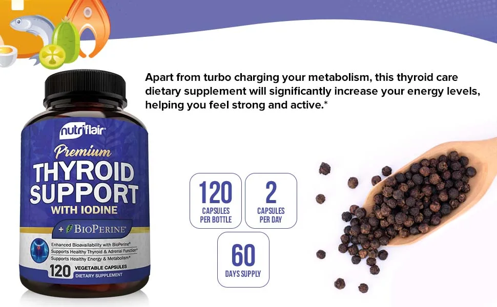 Thyroid Support Complex with Iodine and BioPerine - 120 Capsules - Energy  Focus Supplement Formula for Women and Men Boosts Brain Function  Metabolism Concentration - Pills with B12 Ashwagandha - body electrolytes magnesium proteinas micro husk whole circulation juice drinks functional fitness