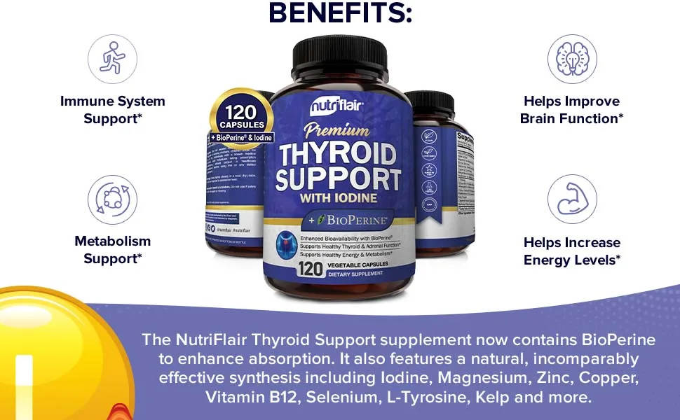 Thyroid Support Complex with Iodine and BioPerine - 120 Capsules - Energy  Focus Supplement Formula for Women and Men Boosts Brain Function  Metabolism Concentration - Pills with B12 Ashwagandha - oil zinc collagen memory workout fiber skin protein gainer iron vein probiotic flavored liquid