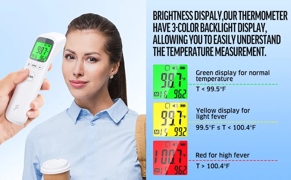 Thermometer for Adults and Kids No-Touch Forehead Thermometer with Object Mode FunctionFever Alert and 32 Set Memory RecallInstant Accurate Reading Digital Baby Thermometer for Fever White - 3 color temperature display