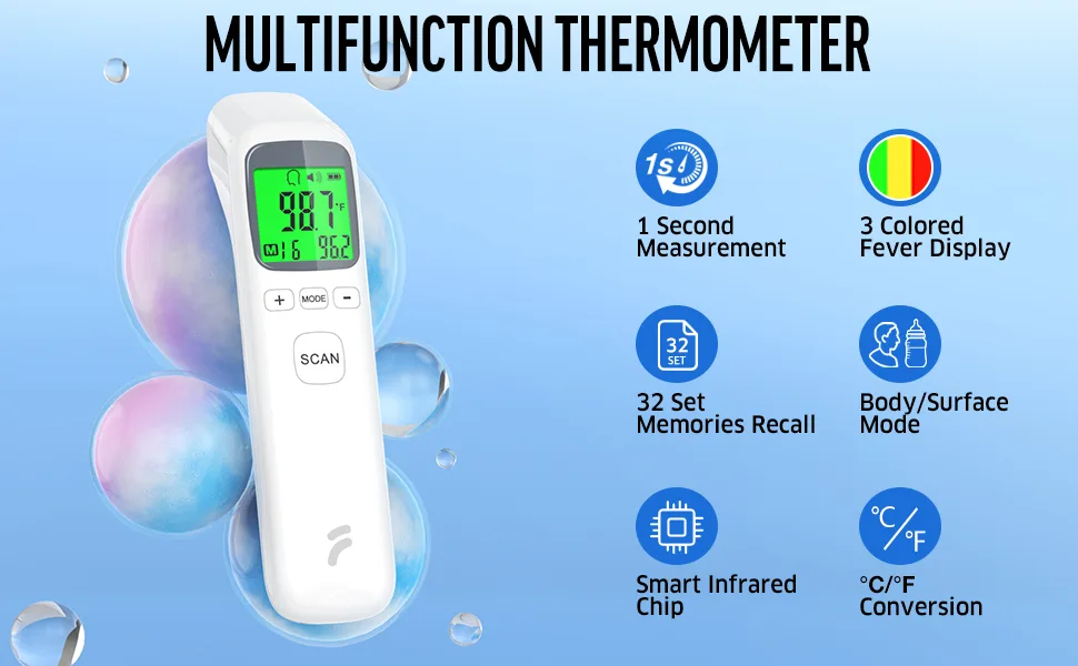 Thermometer for Adults and Kids No-Touch Forehead Thermometer with Object Mode FunctionFever Alert and 32 Set Memory RecallInstant Accurate Reading Digital Baby Thermometer for Fever White - infrared thermometer