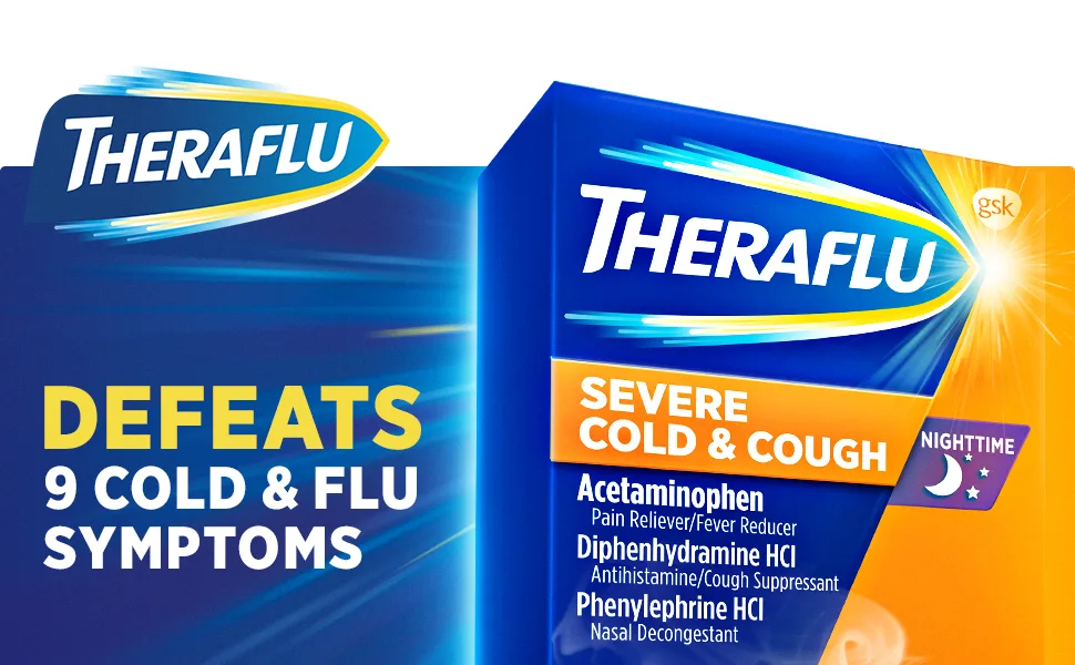 Theraflu Night Time Severe Cold and Cough Packets 6 Count Honey Lemon Infused w Chamomile  White Tea 6 Count (Pack of 1) - Theraflu Nighttime Severe Cold & Cough Powder