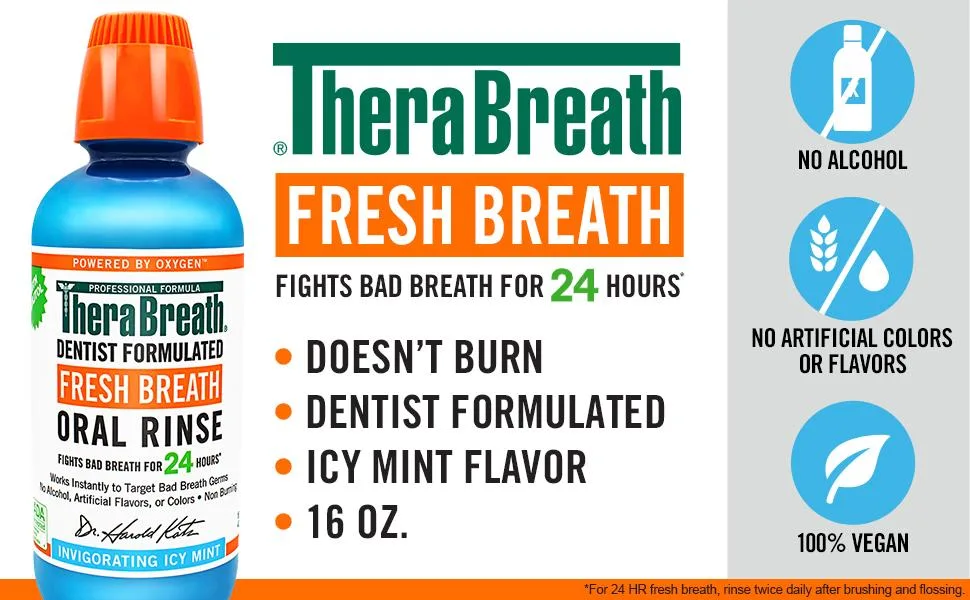 TheraBreath Fresh Breath Dentist Formulated Oral Rinse Icy Mint 16 Fl Oz (Pack of 2) - Icy Mint