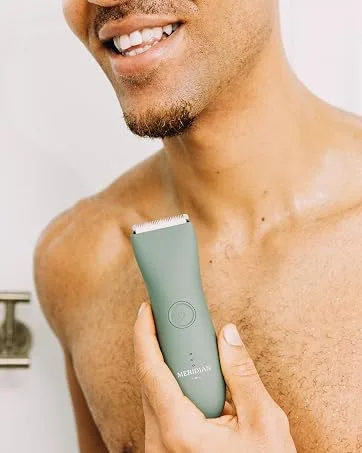 The Complete Package by Meridian: Includes Men’s Waterproof Electric Below-The-Belt Trimmer and The Spray (50 mL) - Features Ceramic Blades and Sensitive Shave Tech (Onyx) - meridian trimmer sage