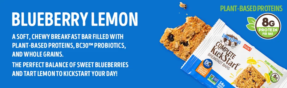The Complete KickStart Breakfast Bars Blueberry Lemon Vegan 8g Plant Protein Probiotics 1.69oz (Box of 12) - Blueberry Lemon