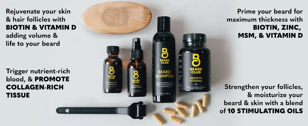 The Beard Club Advanced Beard Growth Kit - Derma Roller Beard Growth Oil Beard Growth Vitamins and Growth Vitamin Spray Beard Shampoo and Beard Brush - beard club