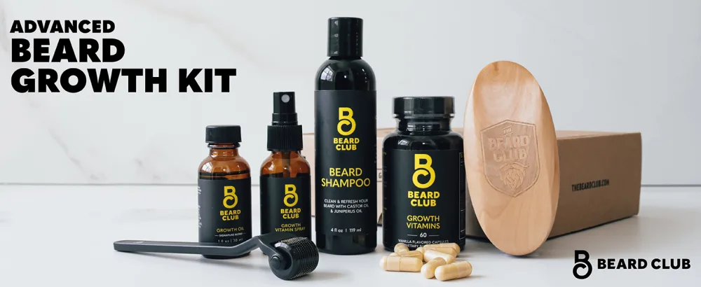 The Beard Club Advanced Beard Growth Kit - Derma Roller Beard Growth Oil Beard Growth Vitamins and Growth Vitamin Spray Beard Shampoo and Beard Brush - beard club