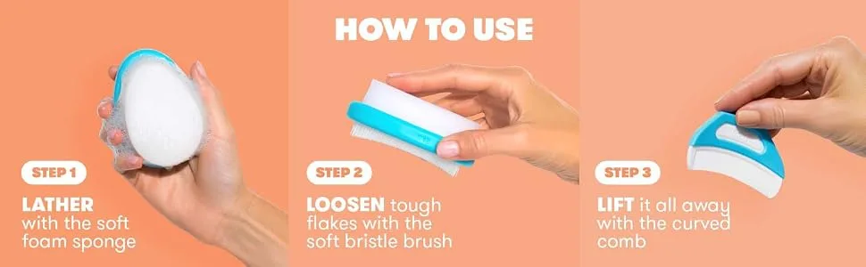 The 3-Step Cradle Cap System by Fridababy  DermaFrida The FlakeFixer  Sponge Brush Comb and Storage Stand for Babies with Cradle Cap 3-Step Flake Fixer System - First, lather with sponge. Then, loosen flakes with brush. Lastly, lift flakes off with comb.