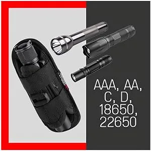 TH1 Tactical Flashlight Holster Duty Belt Pouch Stretchable Rotatable Clip 360 Degree Holder for Police Military Security Belt Black  Open-end - fits all battery sizes