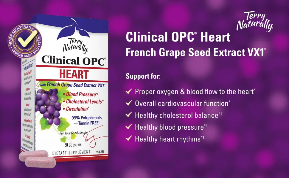 Terry Naturally Clinical OPC - 600 mg Grape Seed Complex 60 Vegan Capsules - Non-GMO Gluten-Free - 60 Servings - Clinical OPC Heart