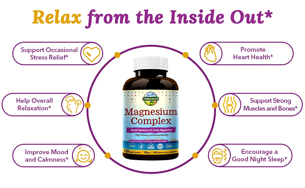Terranics Magnesium Complex 500mg 120 Veg Capsules Chelated for Max Absorption Support Heart Mood Sleep Muscle Health - Terranics Magnesium Complex supports occasional stress relief and good sleep*