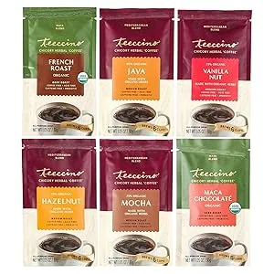 Teeccino Herbal Coffee Sampler  6 x 30g Trial Size Chicory Coffee Alternatives  French Roast Vanilla Nut Hazelnut Mocha Maca Chocolate Java  Prebiotic Caffeine Free  Acid Free - Teeccino Herbal Coffee Sampler is an all purpose grind variety pack of healthy coffee alternatives