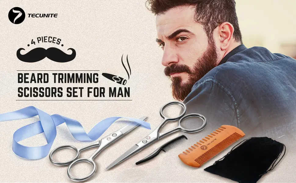 TecUnite 4 Pieces Beard Trimming Scissors Set Grooming Scissors for Men and Mustache Beard Comb Beard Grooming Trim Scissor Kit with Storage Bag Style 1 - product information 1