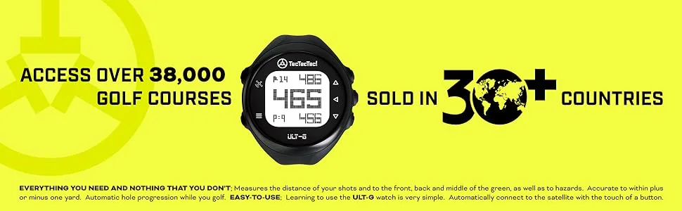 TecTecTec ULT-G Stylish Lightweight and Multi-Functional Golf GPS Watch Durable Wrist Band with LCD Display Worldwide Preloaded Courses - Black - banner