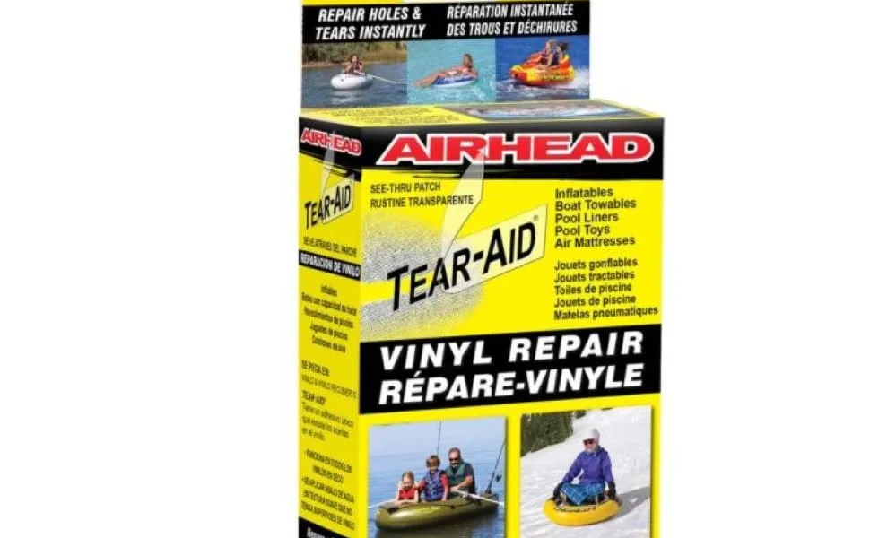 TEAR-AID Vinyl Repair Kit Type B Clear Patch for Vinyl and Vinyl-Coated Materials Works on Vinyl Tents Awnings Air Matresses Pool Liners  More Green Box Vinyl Repair (Pack of 1) - tear aid