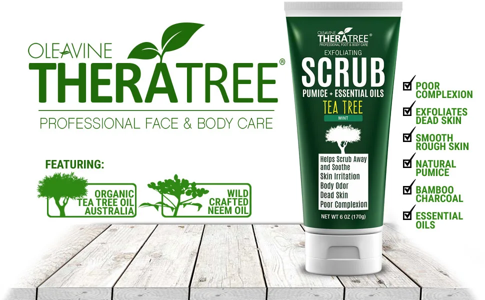 Tea Tree Oil Exfoliating Scrub with Bamboo Charcoal Neem Oil  Natural Pumice by Oleavine TheraTree - TheraTree Exfoliating Scrub with Tea Tree Oil and Bamboo Charcoal for Complexion Control