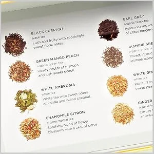 Tea Forte Assorted Classic Teas Petite Presentation Box Tea Sampler Gift Set with 10 Handcrafted Pyramid Tea Infusers - Herbal Tea Black Tea Green Tea White Tea - Menu