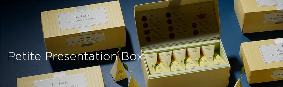 Tea Forte Assorted Classic Teas Petite Presentation Box Tea Sampler Gift Set with 10 Handcrafted Pyramid Tea Infusers - Herbal Tea Black Tea Green Tea White Tea - Petite Presentation Box