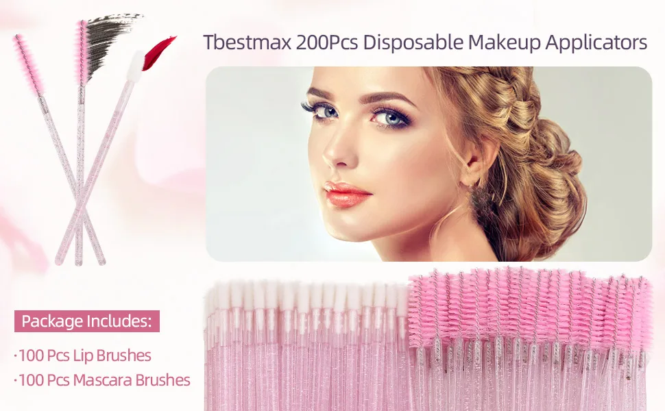 Tbestmax 200 Disposable Mascara Wand and Lipstick Applicator Wands Crystal Lip Gloss Brush Lash Spoolies for Eyelash Extensions (Pink) 1-Pink200 Pcs - Lip brush