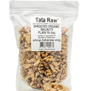 TATA RAW - Sprouted Organic Walnuts - PLAIN. Nothing added -1 lb. Soaked  Air dried SUPER QUALITY. Raw. Alive. Activated. Fresh 1 Pound (Pack of 1) - Tata Raw Organic Sprouted Walnuts Pack