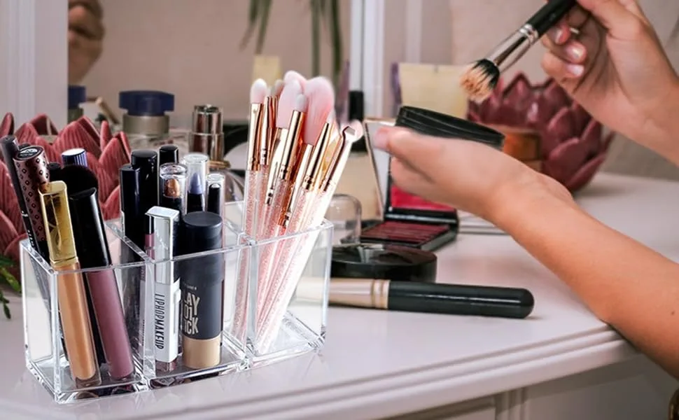 Tasybox Clear Makeup Brush Holder Organizer 3 Slot Acrylic Cosmetic Brushes Storage Eyeliners Eyebrow Pencil Display Case - makeup brush holder clear