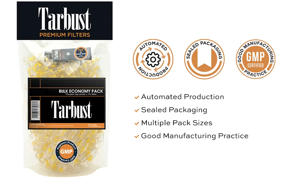Tarbust Premium BPA-Free Medical Raw Material Disposable Filters for Regular and King Sizes 300 Per Pack - Automated production sealed packaging multiple pack sizes good manufacturing practice