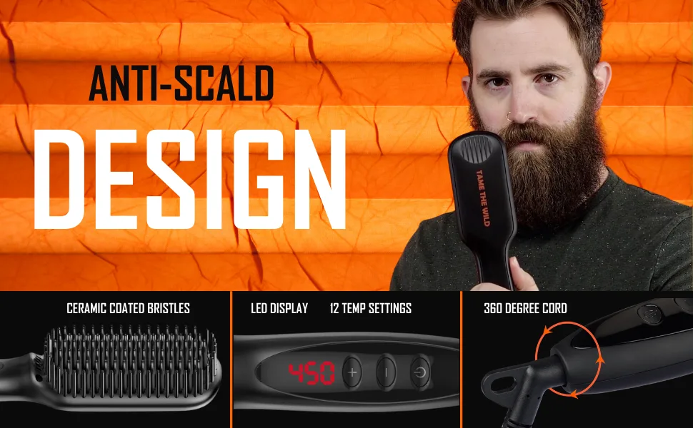 Tame The Wild Pro Beard Straightener for Men - Premium Heated Beard Brush - Anti-Scald Ionic Generator - 12 Temp Settings - LED Display - Best for Beards Over 2 Long - FAST EASY SAFE