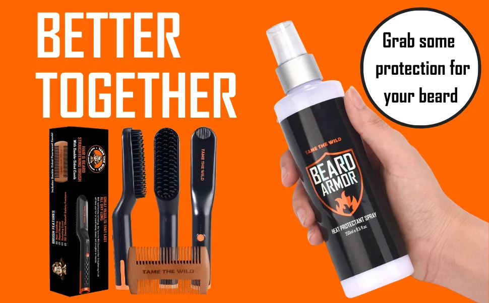 Tame The Wild Premium Beard Straightener - Ionic Anti-Scald Technology - Heated Beard Brush - 3 Temp Settings - Wooden Comb Included - Gift Set - Beard Armor