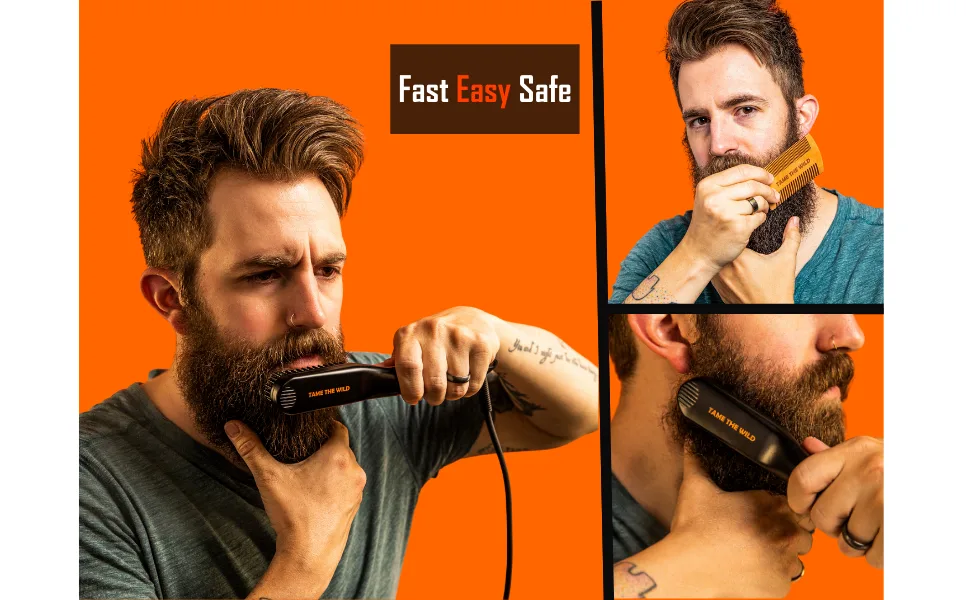 Tame The Wild Premium Beard Straightener - Ionic Anti-Scald Technology - Heated Beard Brush - 3 Temp Settings - Wooden Comb Included - Gift Set - Easy Glide Beard Straightener