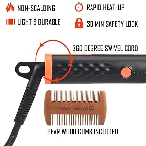 Tame The Wild Premium Beard Straightener - Ionic Anti-Scald Technology - Heated Beard Brush - 3 Temp Settings - Wooden Comb Included - Gift Set - Features and Comb
