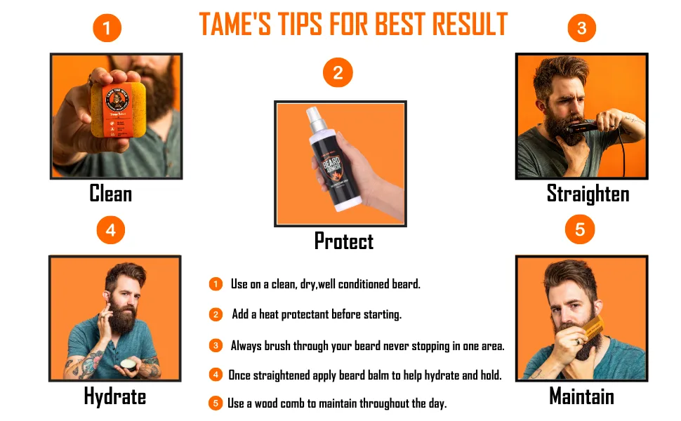Tame The Wild Premium Beard Straightener - Ionic Anti-Scald Technology - Heated Beard Brush - 3 Temp Settings - Wooden Comb Included - Gift Set - tips and promise