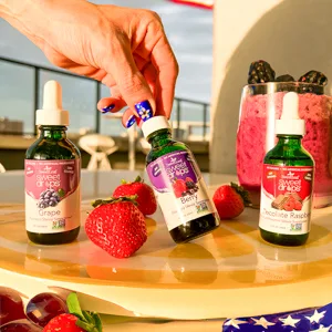 SWEETLEAF STEVIA SteviaClear Liquid Extract 4 Fl Oz (Pack of 2) - Sweet Drops in Grape, Berry and Chocolate Raspberry with berry smoothie in background