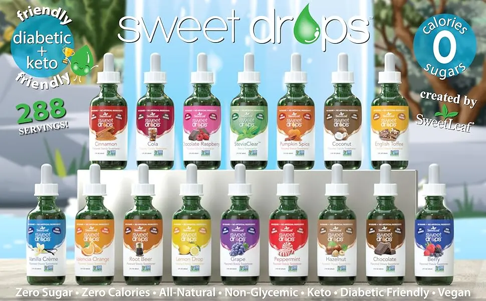SWEETLEAF STEVIA SteviaClear Liquid Extract 4 Fl Oz (Pack of 2) - SweetLeaf Sweet Drops all flavors on a shelf. Zero calorie & Zero sugar.