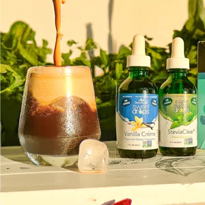 SweetLeaf Liquid Stevia, Lemon Drop 2 fl oz (60 ml) - iced coffee with cold foam next to Vanilla Crème Sweet Drops and Stevia Clear