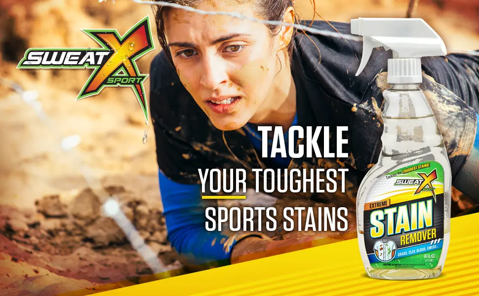 Sweat X Sport Extreme Stain Remover, Multi-purpose Nontoxic Stain Spray, Safe for All Fabrics, 16 ounces - stain header