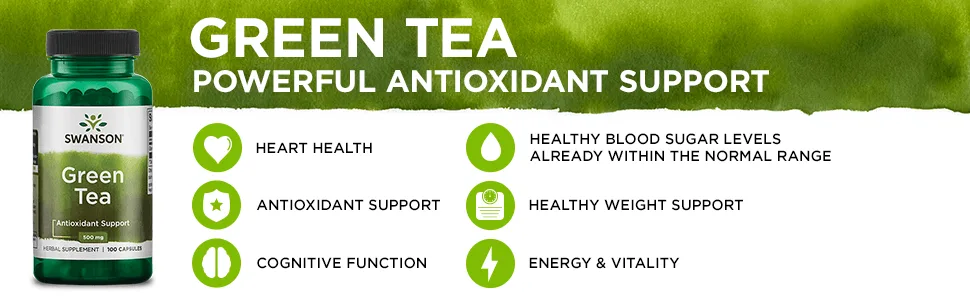 Swanson Green Tea Extract Supplement: 500 MG Green Tea Leaf Powder - Antioxidant Rich Supplements to AidWeight Management - 100 Capsules 2 Pack - Green Tea Benefits