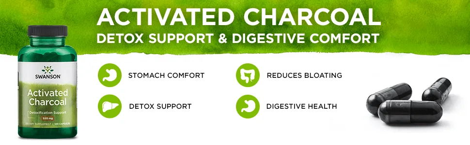 Swanson Activated Charcoal - Natural Supplement Supporting Healthy Absorption - Helps w/Bloating & Maintaining Bowel Regularity - (120 Capsules, 520mg per Serving) - Activated Charcoal Detox Support and Digestive Comfort
