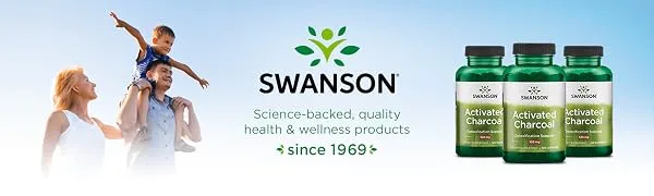 Swanson Activated Charcoal - Natural Supplement Supporting Healthy Absorption - Helps w/Bloating & Maintaining Bowel Regularity - (120 Capsules, 520mg per Serving) - Activated Charcoal Logo Banner