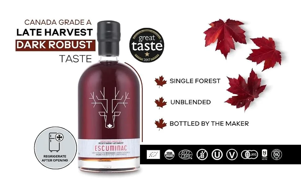 Escuminac Late Harvest, Organic Maple Syrup - Canada Grade A 16.9 fl oz - Dark Robust Taste - Authentic & Pure Canadian Maple Syrup - Great Giftâ€¦ - Maple syrup