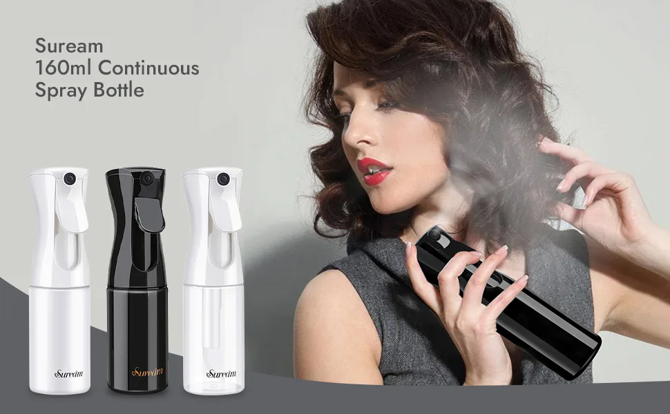 Suream Mist Spray Bottles, 5.4oz/160ml Black Continuous Spray Bottle Fine Mist Styling Water Sprayer for Curly Hair, Tiny Empty Plastic Refillable Container for Salon Use, Gardening, Ironing, Cleaning 160ml-Black - 160ml Fine Mist Spray Bottles