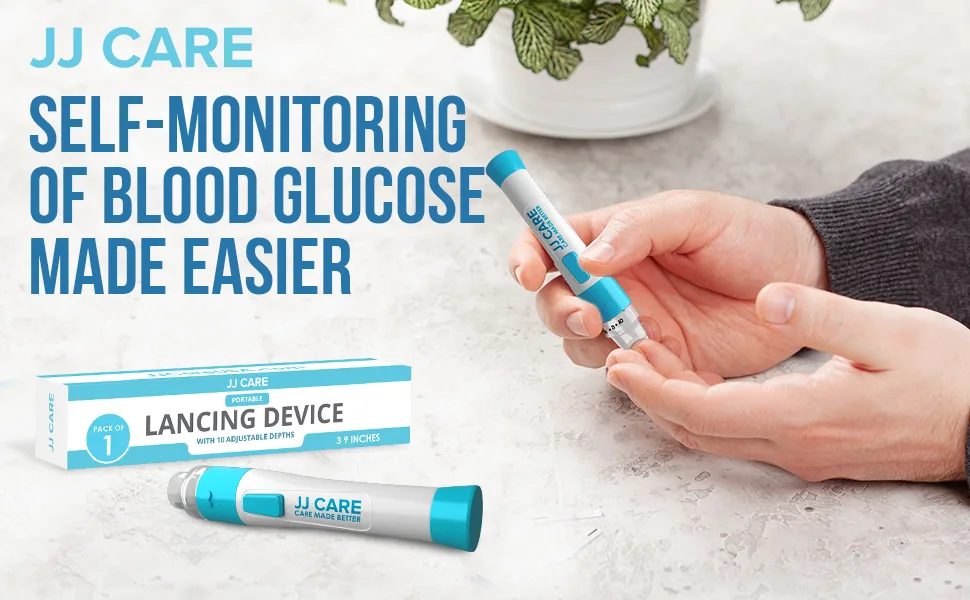 JJ CARE Lancing Device Lancet Pen with 10 Adjustable Depth Settings Lancing Device for Diabetes Testing with Push Button Ejector Diabetic Lancet Device Reduce Pain for Blood Glucose Testing - lancing device