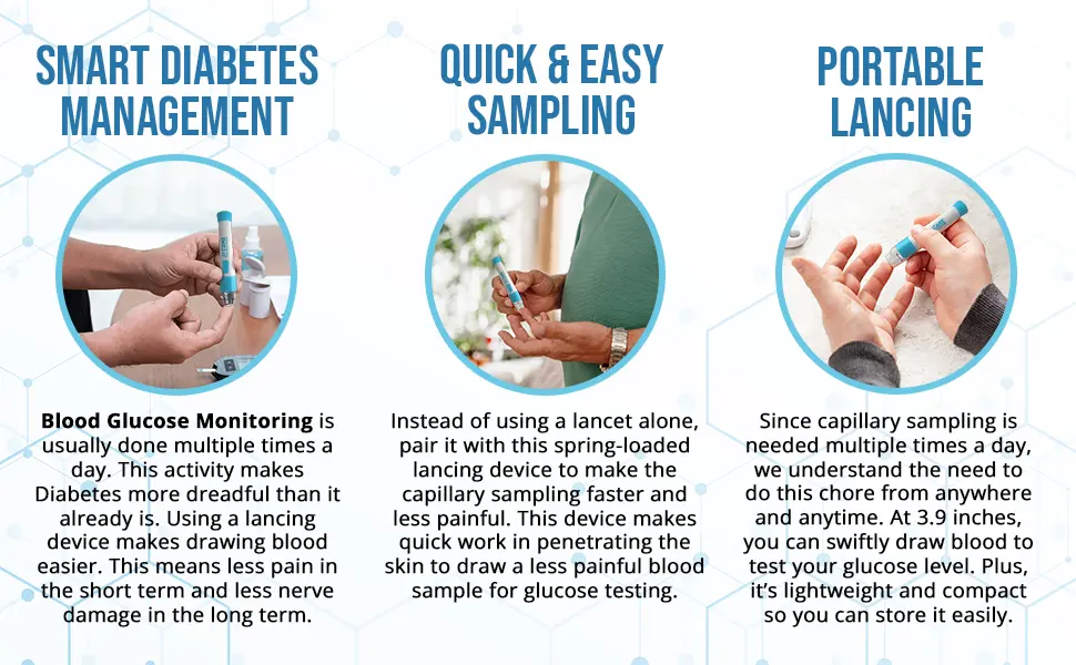 JJ CARE Lancing Device Lancet Pen with 10 Adjustable Depth Settings Lancing Device for Diabetes Testing with Push Button Ejector Diabetic Lancet Device Reduce Pain for Blood Glucose Testing - lancing device