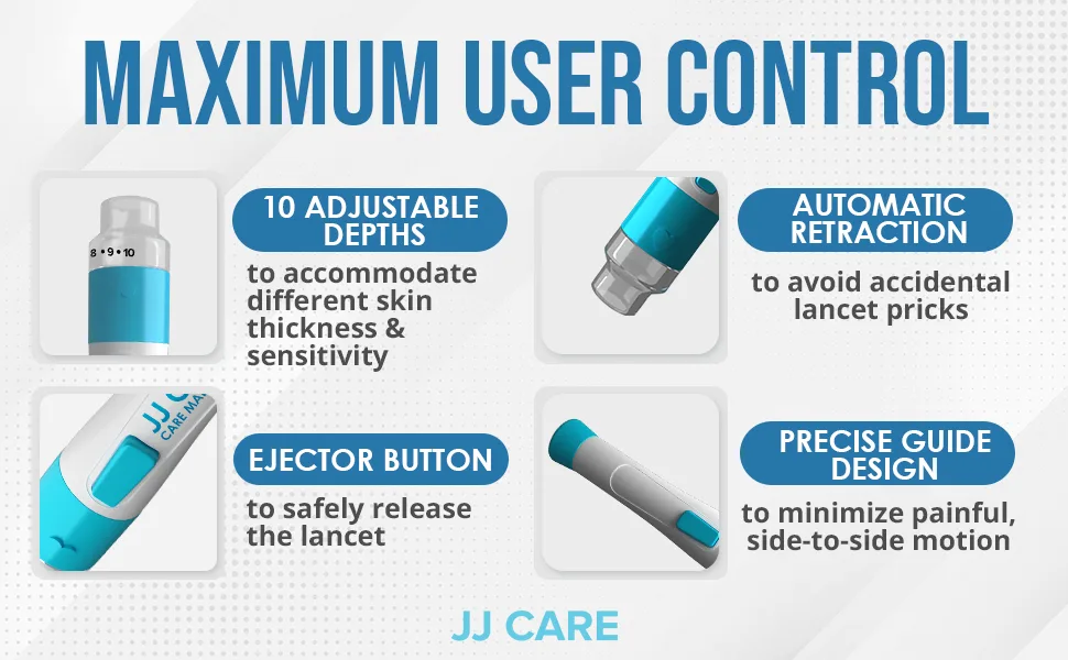 JJ CARE Lancing Device Lancet Pen with 10 Adjustable Depth Settings Lancing Device for Diabetes Testing with Push Button Ejector Diabetic Lancet Device Reduce Pain for Blood Glucose Testing - lancing device