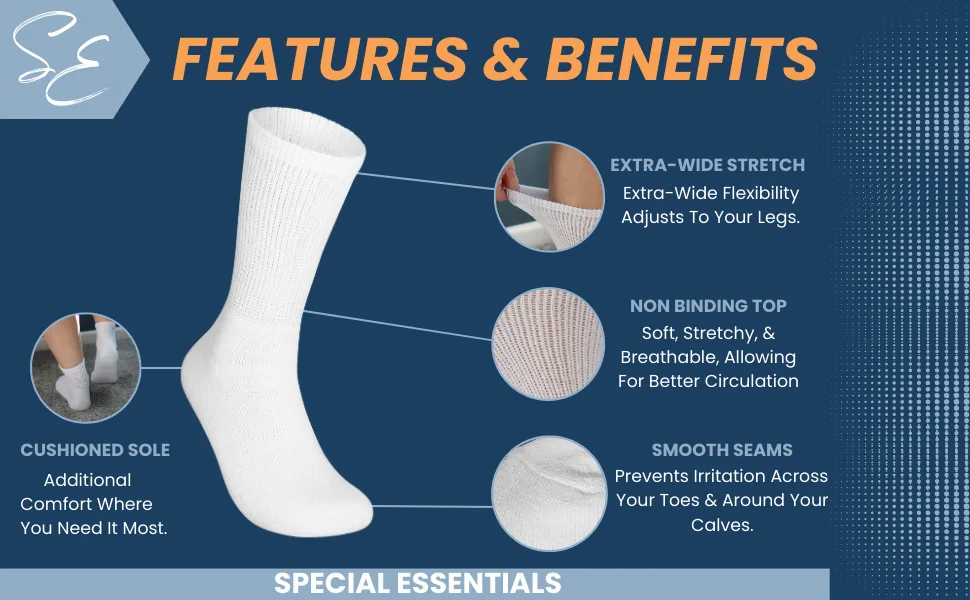 Special Essentials 6 Pairs Non-Binding Diabetic & Circulator Crew Socks For Men & Women - Soft Moisture-Wicking Cotton Large-X-Large Black - FEATURES AND BENEFITS