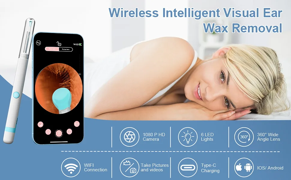 Ear Wax Removal Tool Ear Pick with 1080P HD Camera Earwax Cleaning Kit with 12 Replacement Tips Upgraded Ear Massage Mode and LED Light Wireless Otoscope Ear Camera for iOS & Android (White) - Earwax removal tool