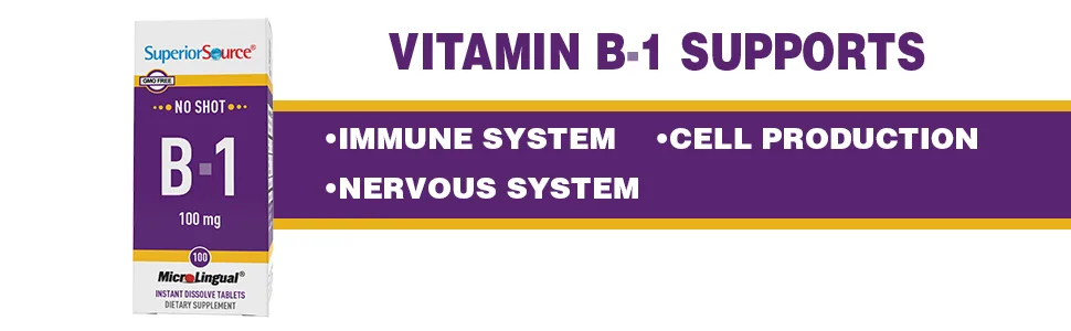 Superior Source Vitamin B1 (Thiamin), 100 mg, Under The Tongue Quick Dissolve Sublingual Tablets, 100 Count, Increased Metabolism and Energy Production, Nervous System Support, Non-GMO - B1 VITAMIN IMMUNE SYSTEM CELL PRODUCTION NERVOUS SYSTEM NO SHOT