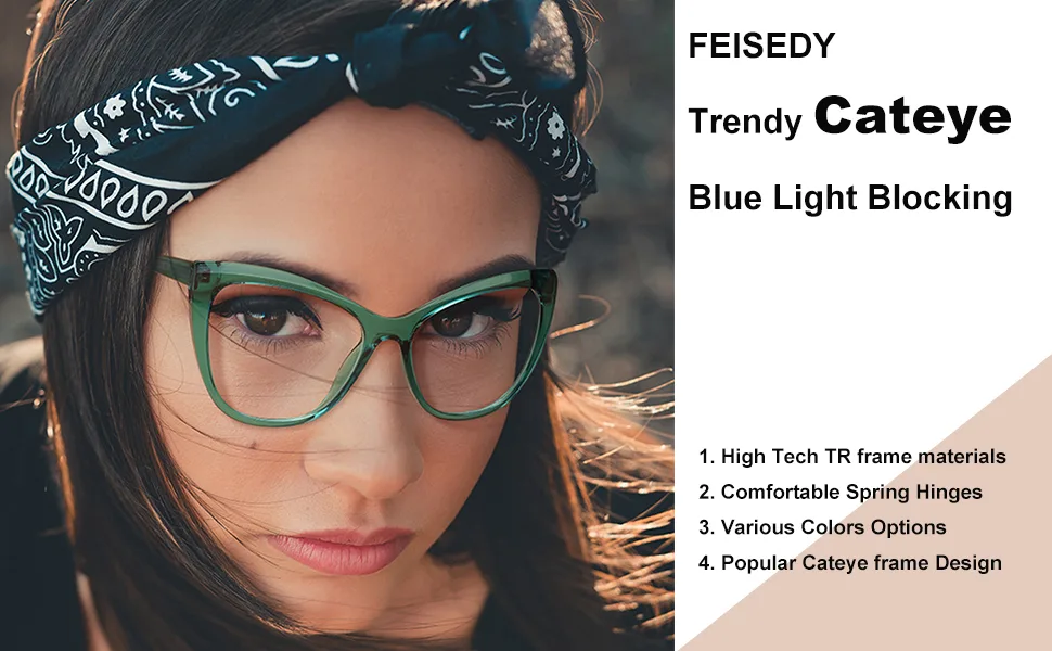 FEISEDY Trendy Cateye TR90 Blue Light Blocking Spring Hinges Computer Glasses Women B2676 Black+pink - 2345