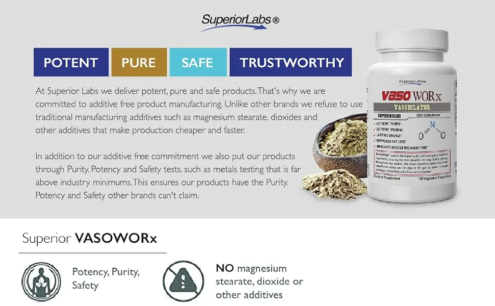 Superior Labs  VASOWORx  Nitric Oxide Supplement  Extra Strength - 1,600 mg, 180 Vegetable Capsules  7 Powerful Ingredients  Increased Energy, Stamina, & Circulatory Support - Vaso Worx pumps stamina energy