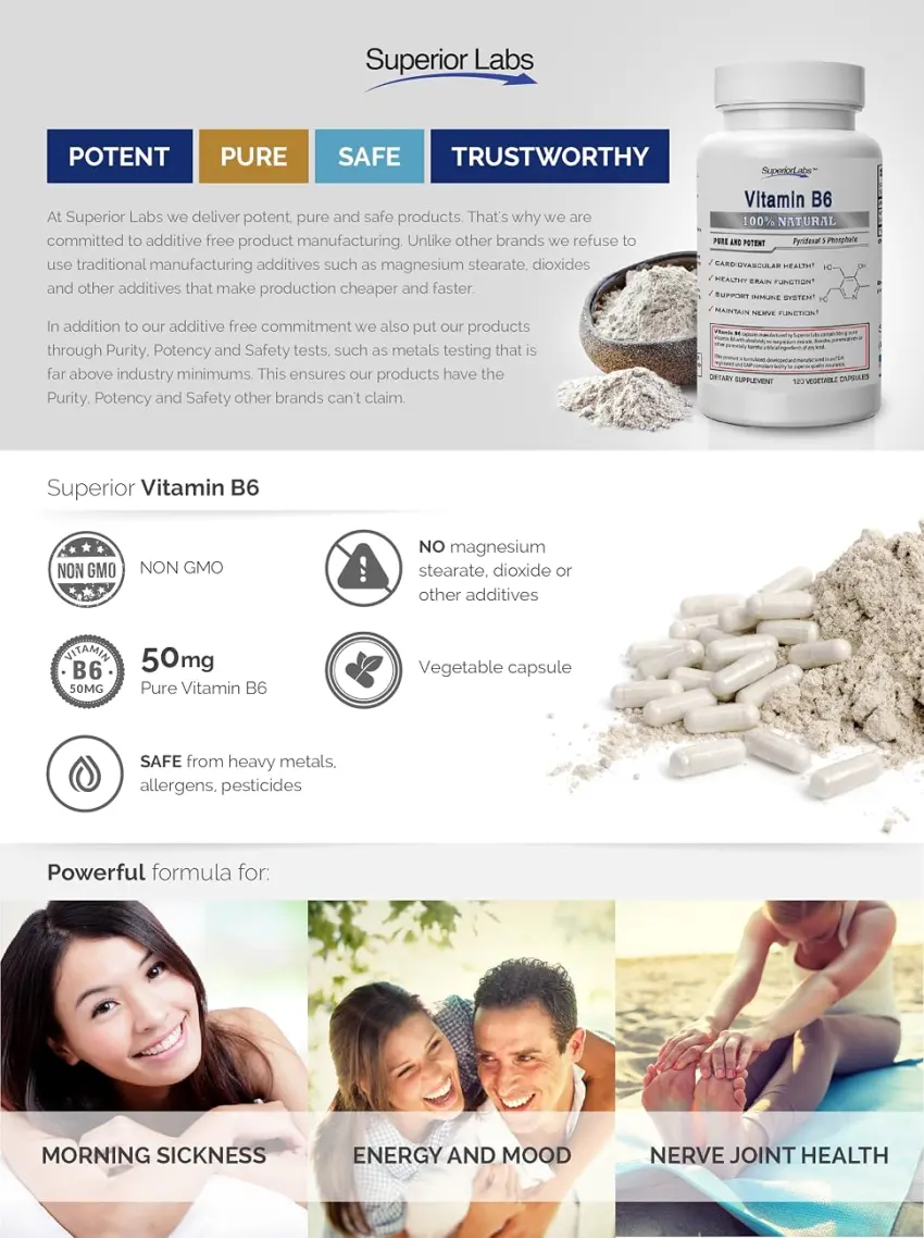 Superior Labs  Best Vitamin B6 Dietary Supplement  50 mg Dosage ,120 Vegetable Capsules Supports Immune System Health  Healthy Brain Function  Cardiovascular Health Support - product information 1