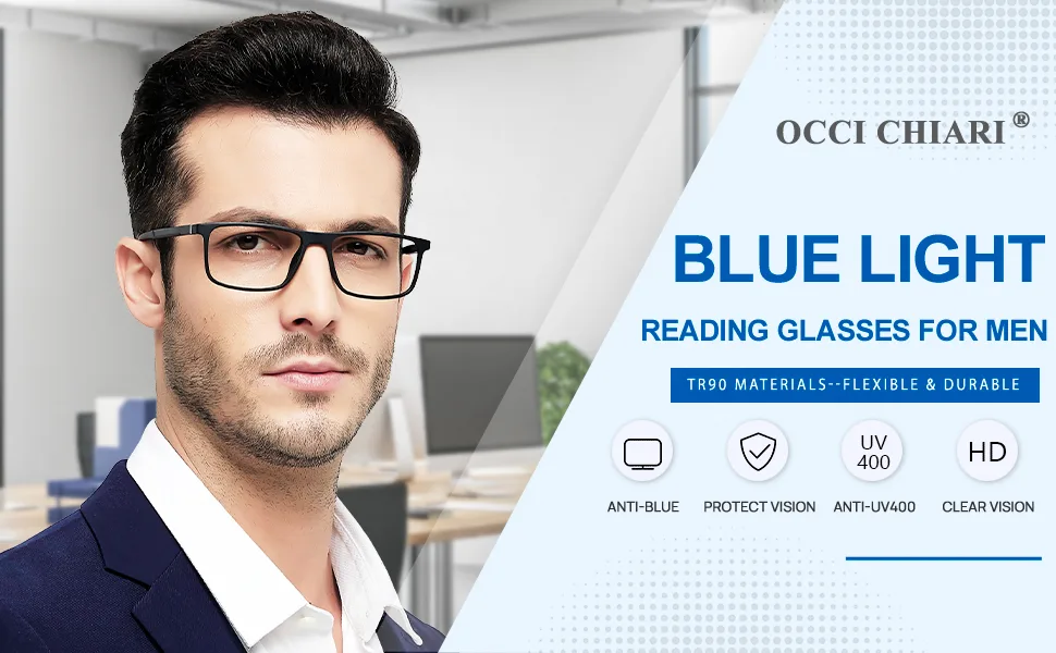OCCI CHIARI Men's Blue Light Blocking Glasses Small Mens Glasses Spring Hinge (Black No Degree) A-black 0.0 x - Blue light blocking reading glasses for men
