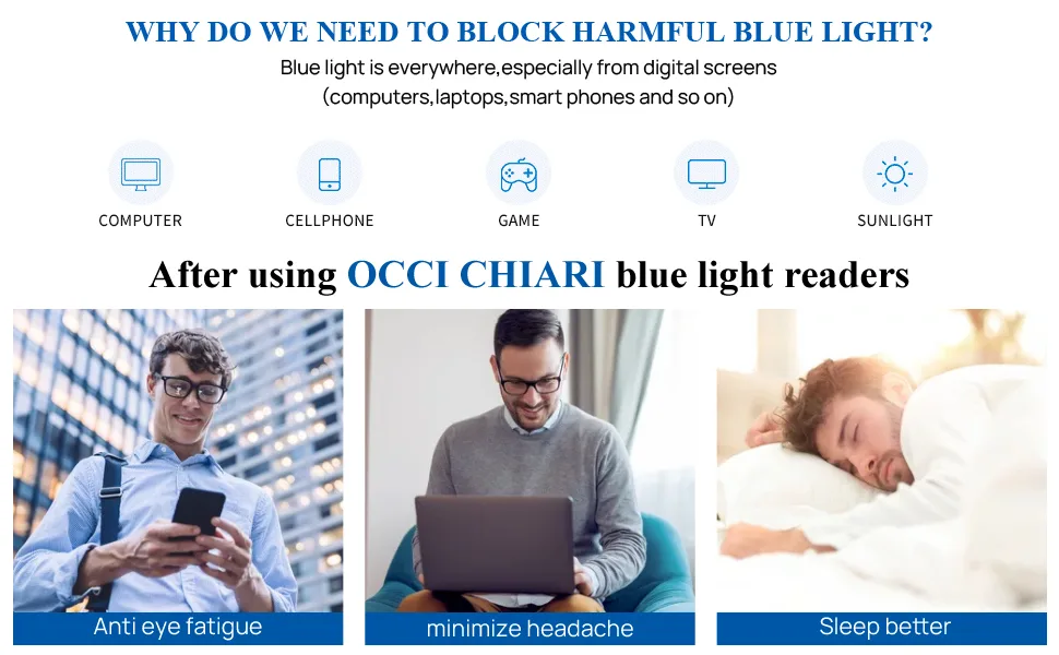 OCCI CHIARI Men's Blue Light Blocking Glasses Small Mens Glasses Spring Hinge (Black No Degree) A-black 0.0 x - harmful blue light will hurt your eyes